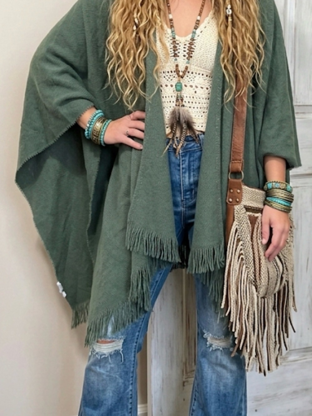 Olive Green Fringe Poncho